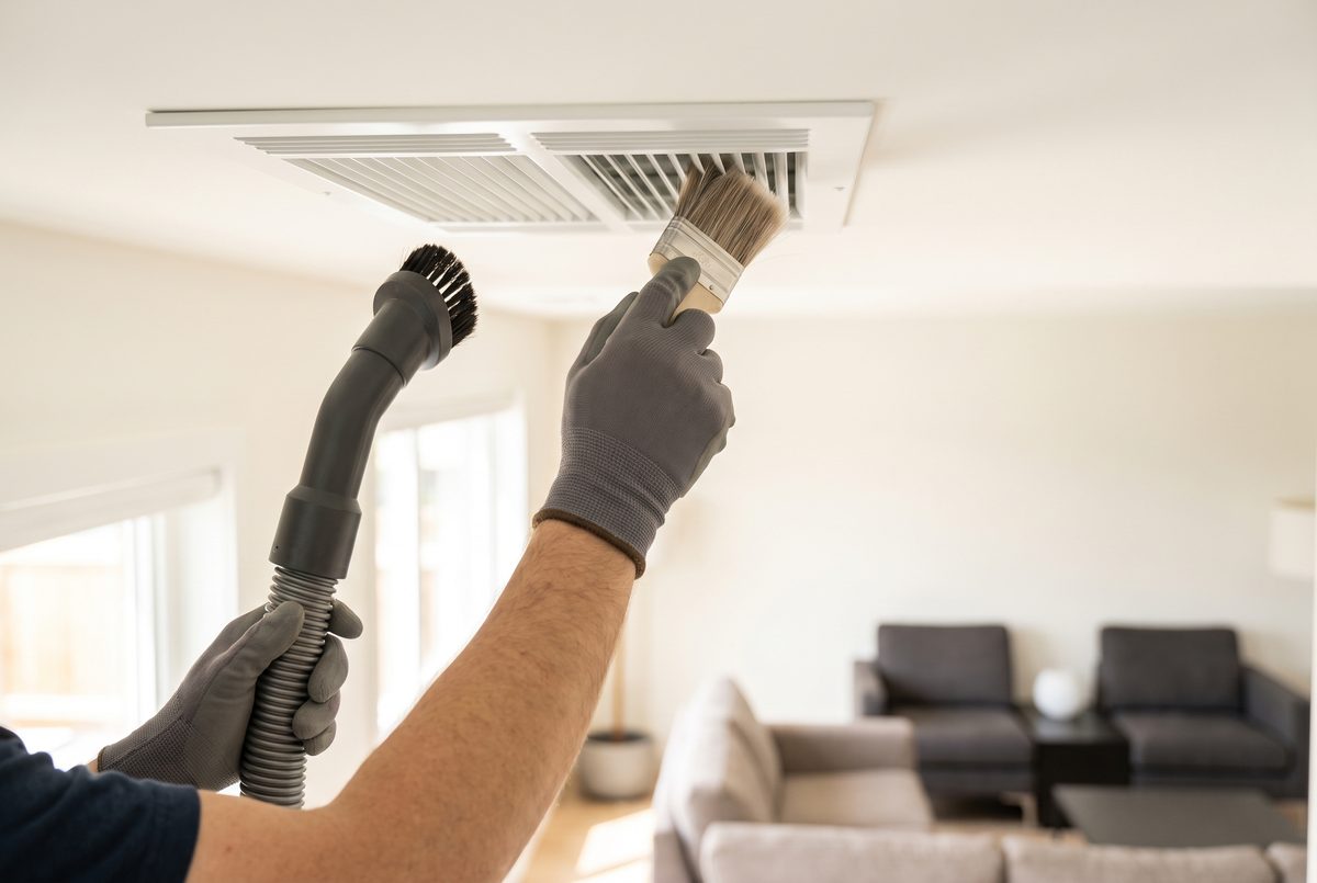 A gloved hand cleaning a white ceiling air vent register in a bright San Antonio home