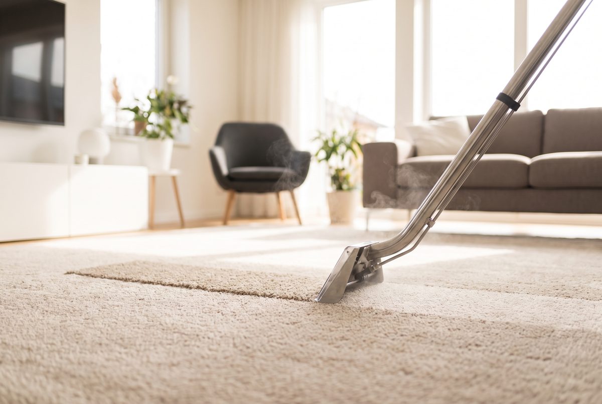 A hot-water extraction wand cleaning a light beige carpet in a bright San Antonio living room