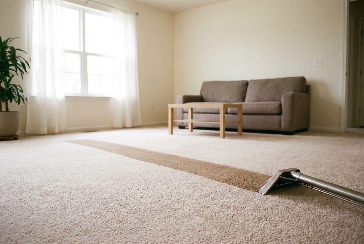 A sunlit living room with pale carpet and a professional cleaning wand resting mid stroke on the pile.