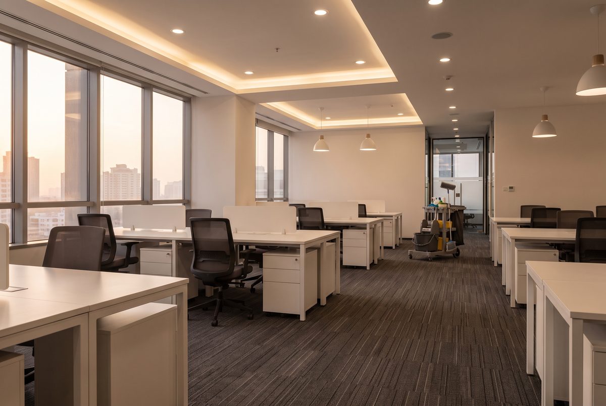 An empty open-plan office at dusk with clean desks, a vacuumed carpet and a cleaning cart parked by a doorway.