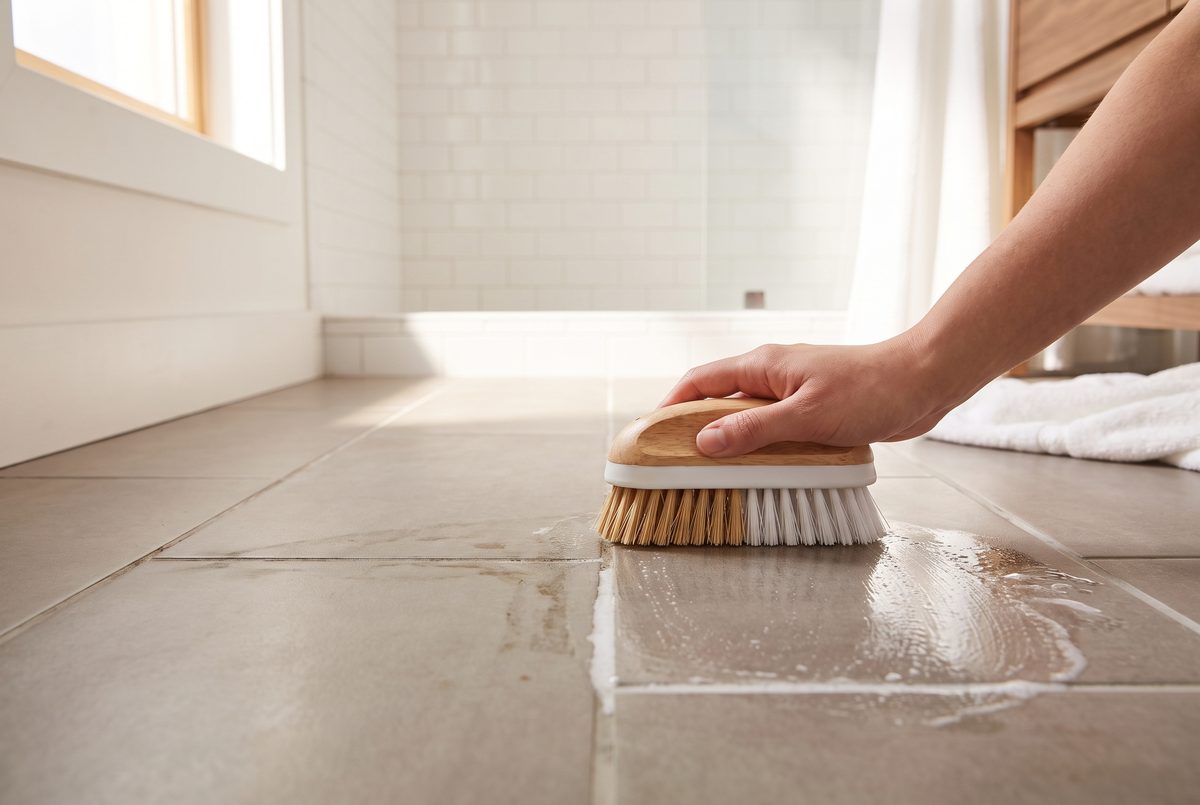 A brush restoring bright white grout lines on tile flooring during a San Antonio cleaning